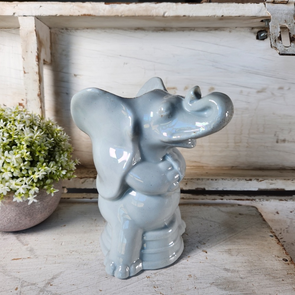 Vintage Tepeco Pottery Circus Elephant Vase- Mid-Century Gray Elephant Planter